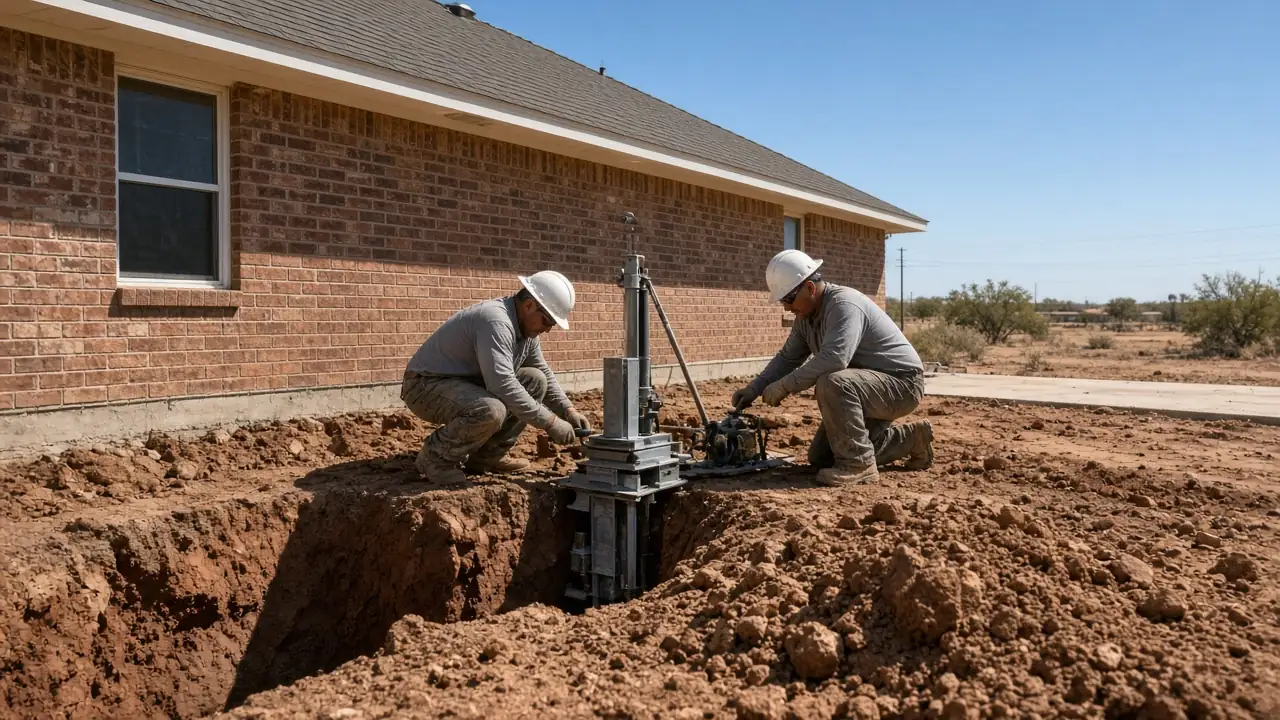 Crew installing foundation piers beside a brick house